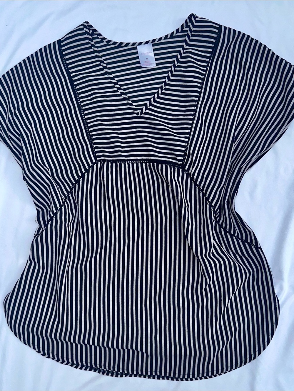 Boho Dolman Black & White Striped V-Neck Chic Blouse Sz M - Xhiliration Y2K